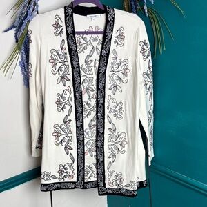 Chicos Embroidered Open Front Cardigan - Cream with Black Trim